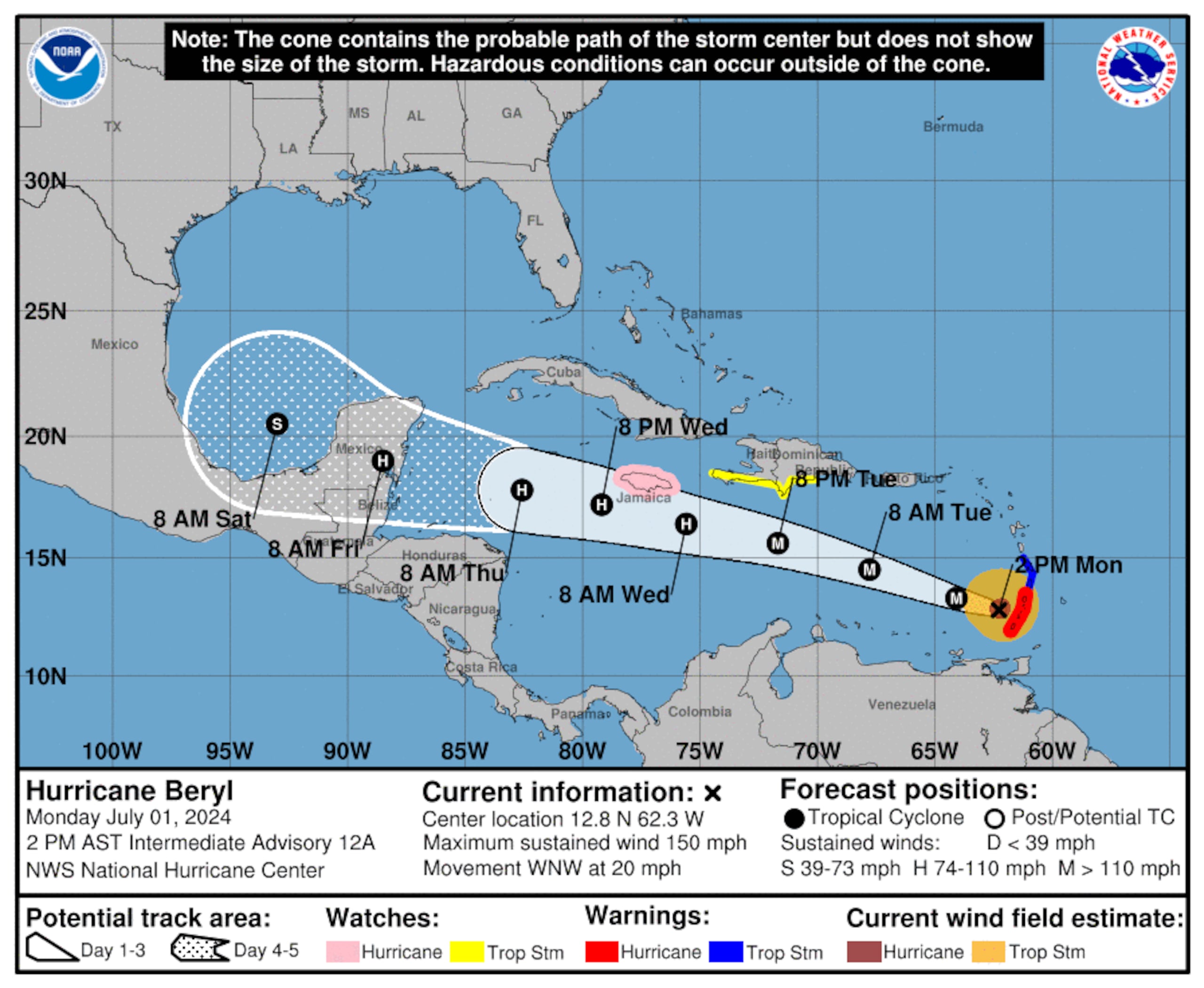 El huracán Beryl continuará su paso por las Antillas Menores hacia el oeste hasta llegar al Mar Caribe donde se espera disminuya su potencia, aunque continuaría como un huracán.