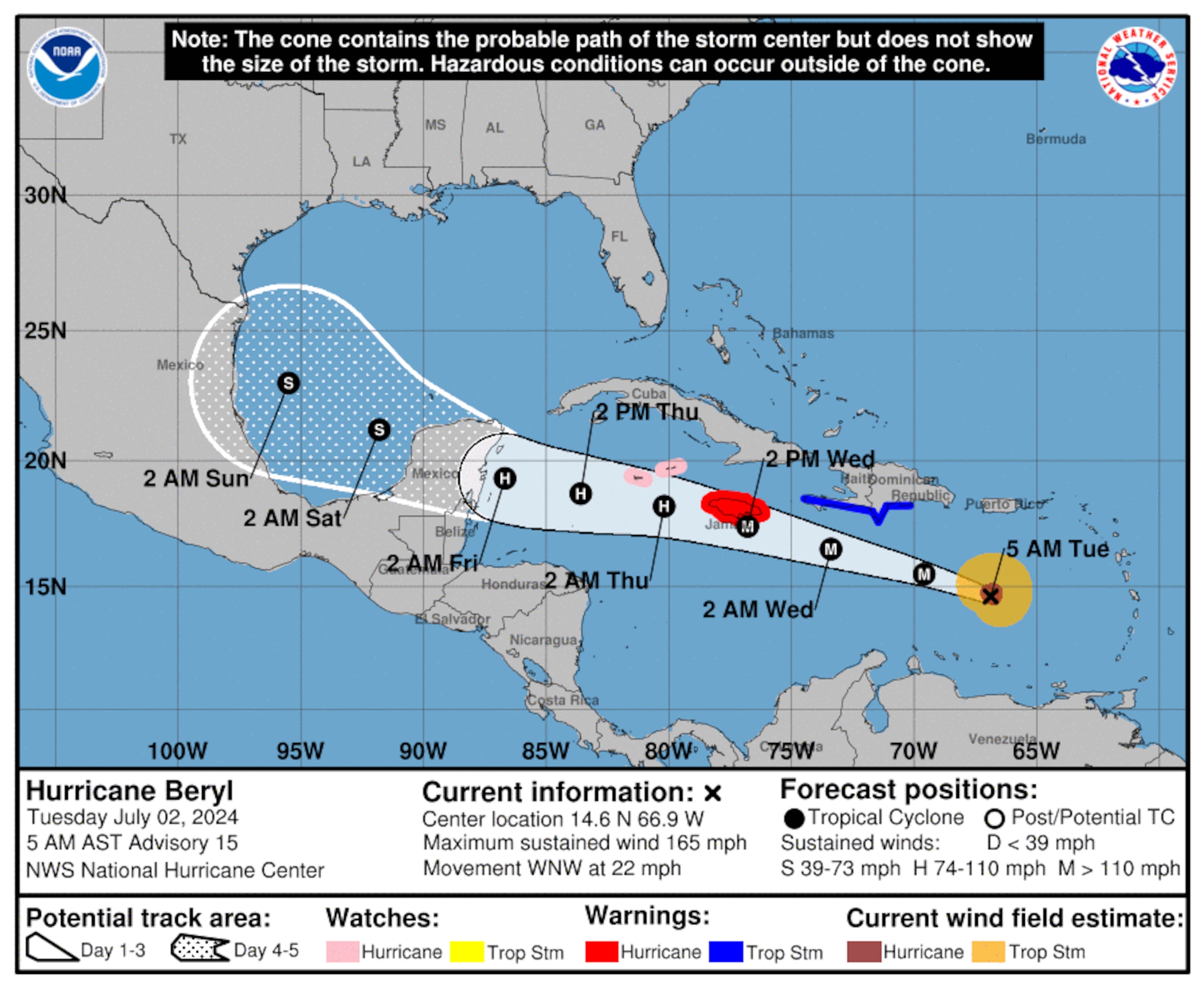 Pronóstico del huracán Beryl emitido a las 5:00 de la mañana del 2 de julio de 2024.