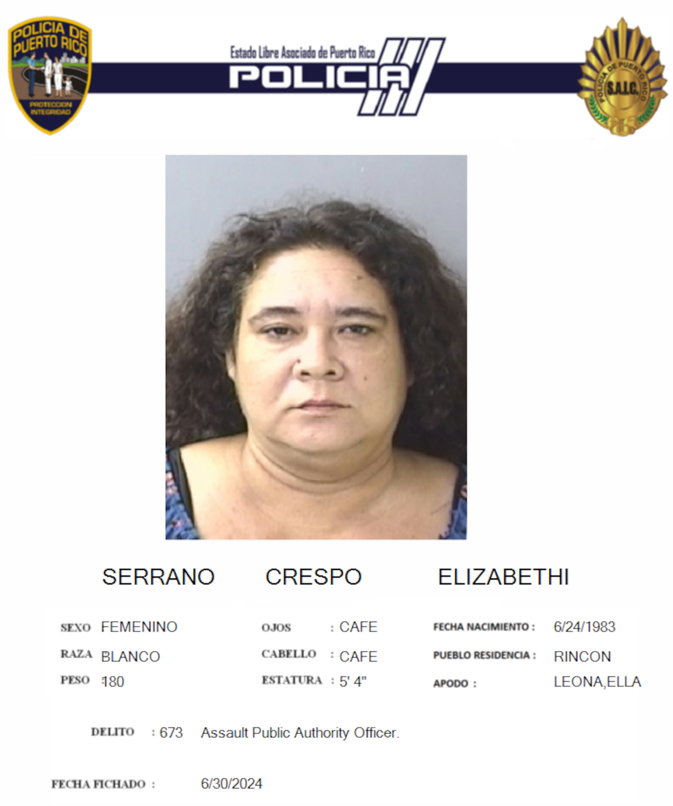Elizabeth Serrano Crespo enfrenta un cargo por delito de empleo de violencia o intimidación contra la autoridad pública.