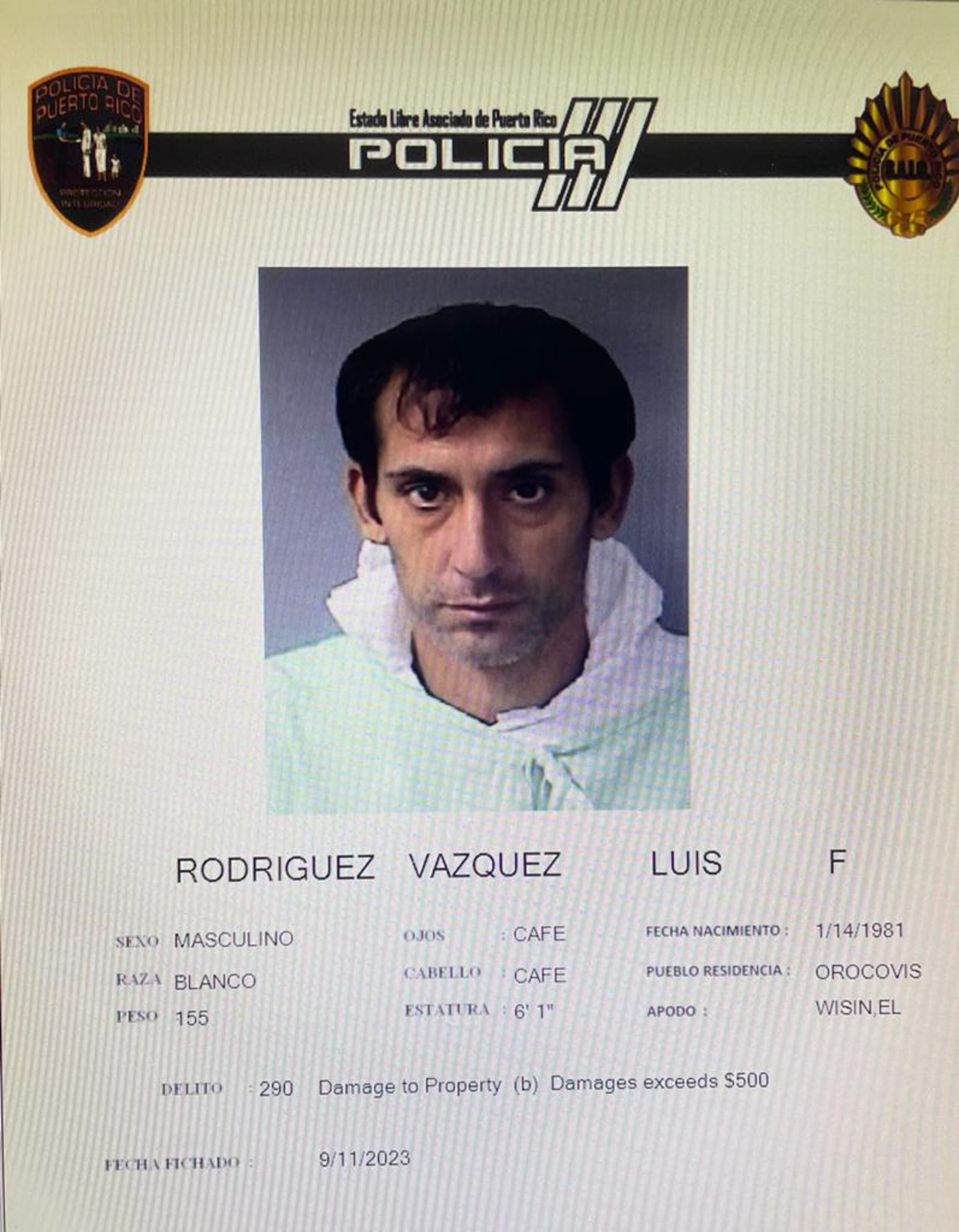Luis F. Rodríguez Vázquez alias Wisin, fue encarcelado al no prestar una fianza de $40,000.00