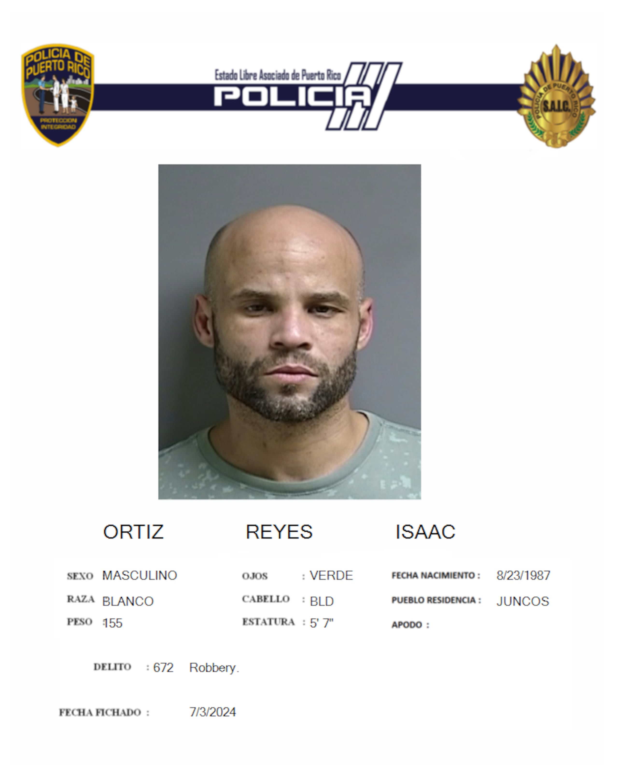 Isaac Ortiz Reyes de 36 años y vecino de Juncos,  enfrenta un cargo por robo agravado.
