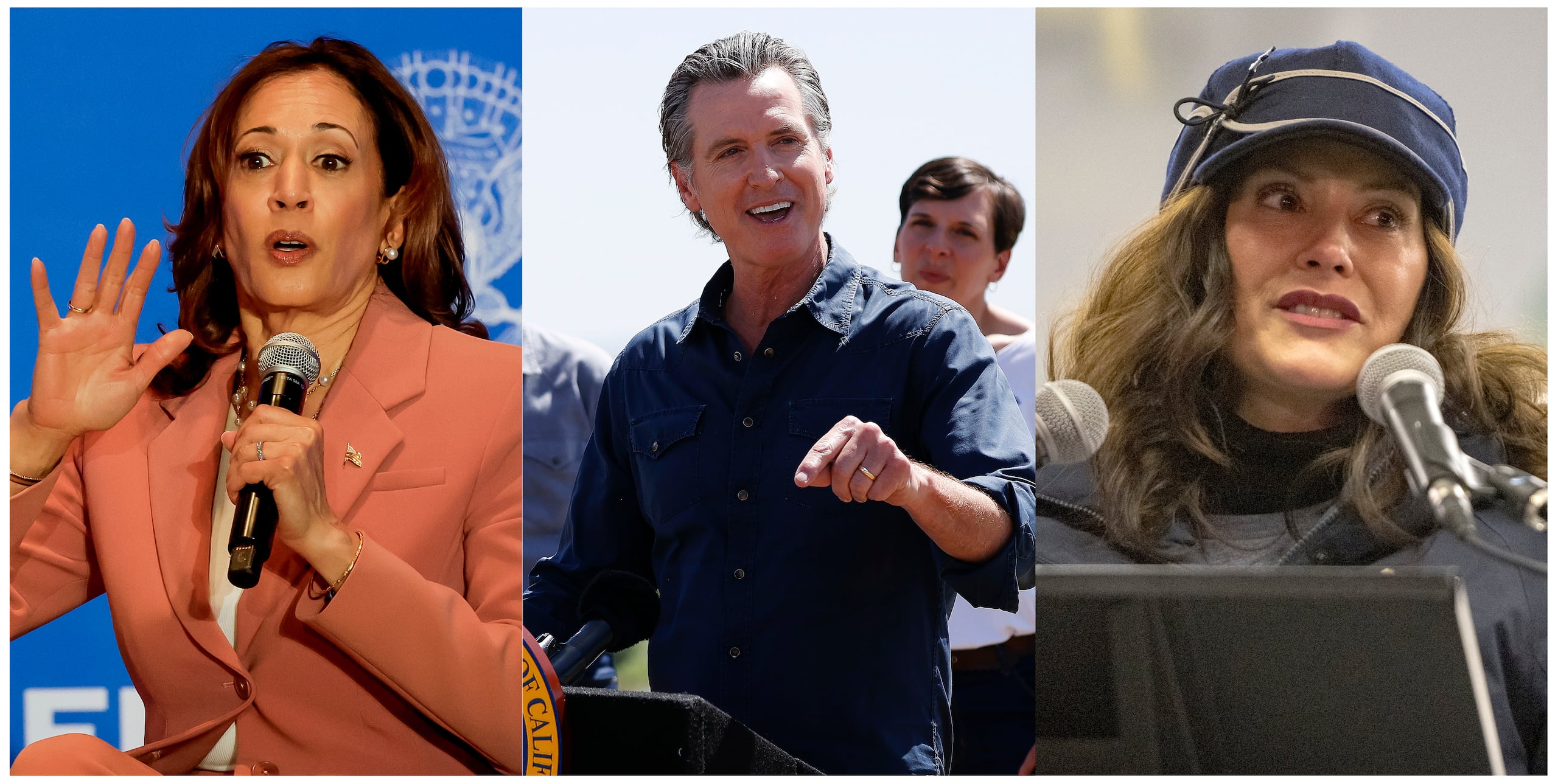De izquierda a derecha: la actual vicepresidenta de Estados Unidos, Kamala Harris (izquierda) y los gobernadores de California, Gavin Newsom (centro), y de Míchigan, Gretchen Whitmer (derecho). (EFE)