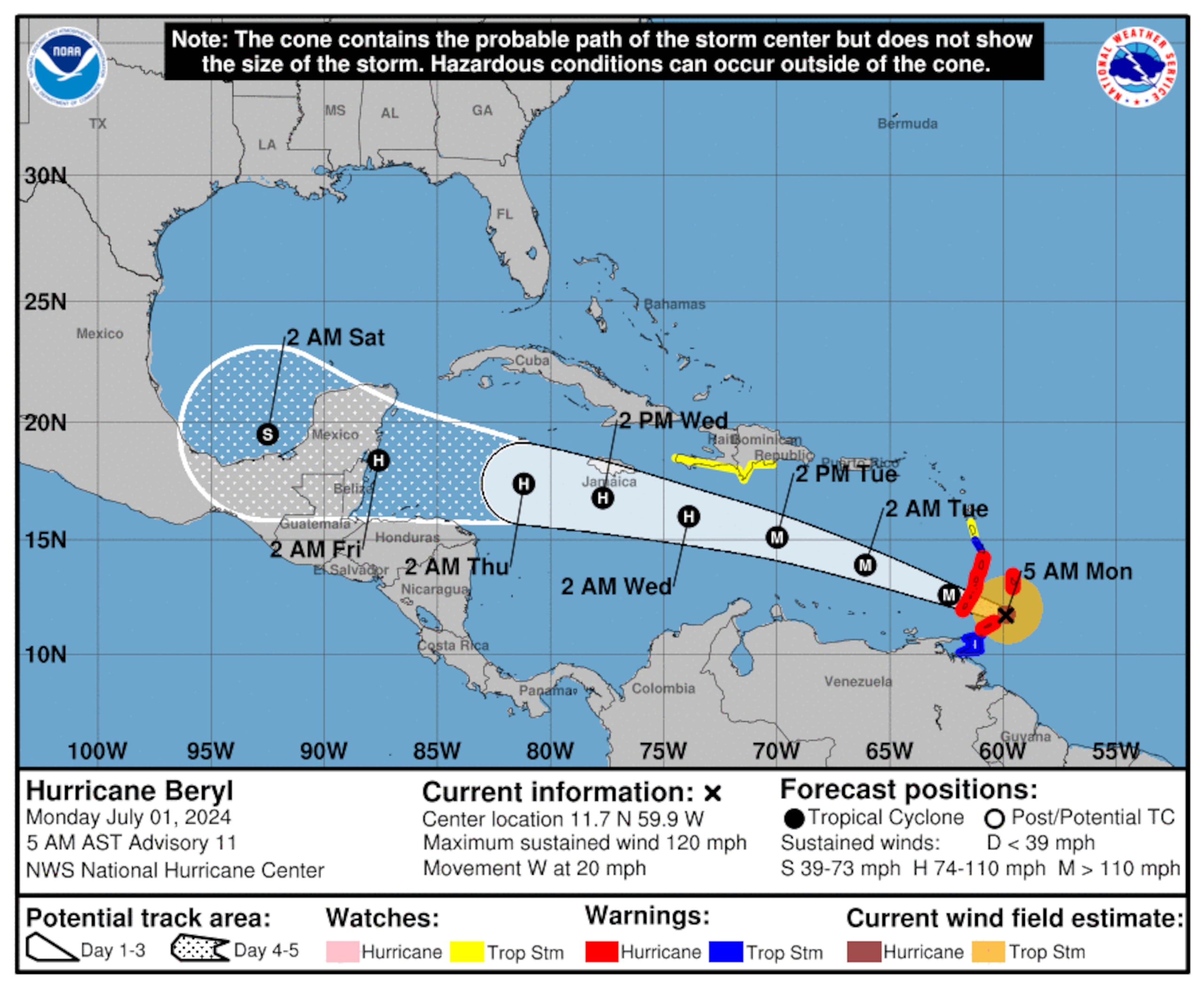 Pronóstico del huracán Beryl emitido hoy a las 5:00 de la mañana.